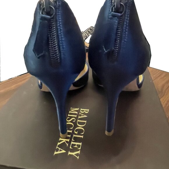 Badgley Mischka Valerie Rhinestone Strap Satin Pumps Navy High Heel Wedding - Picture 4 of 7
